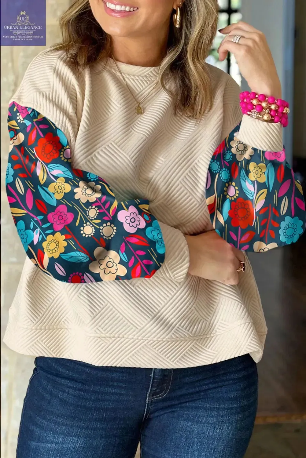 White Floral Patchwork Sleeve Textured Pullover Top