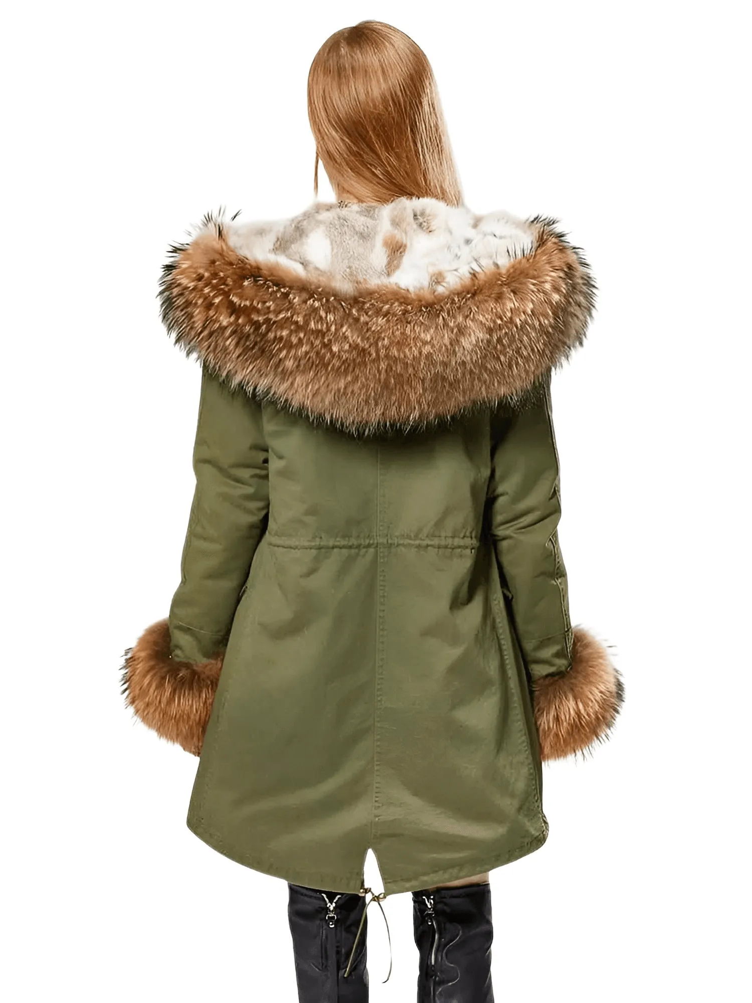 Women's Long Rabbit Fur Parka Real Fur Lining & Real Fox Fur Collar