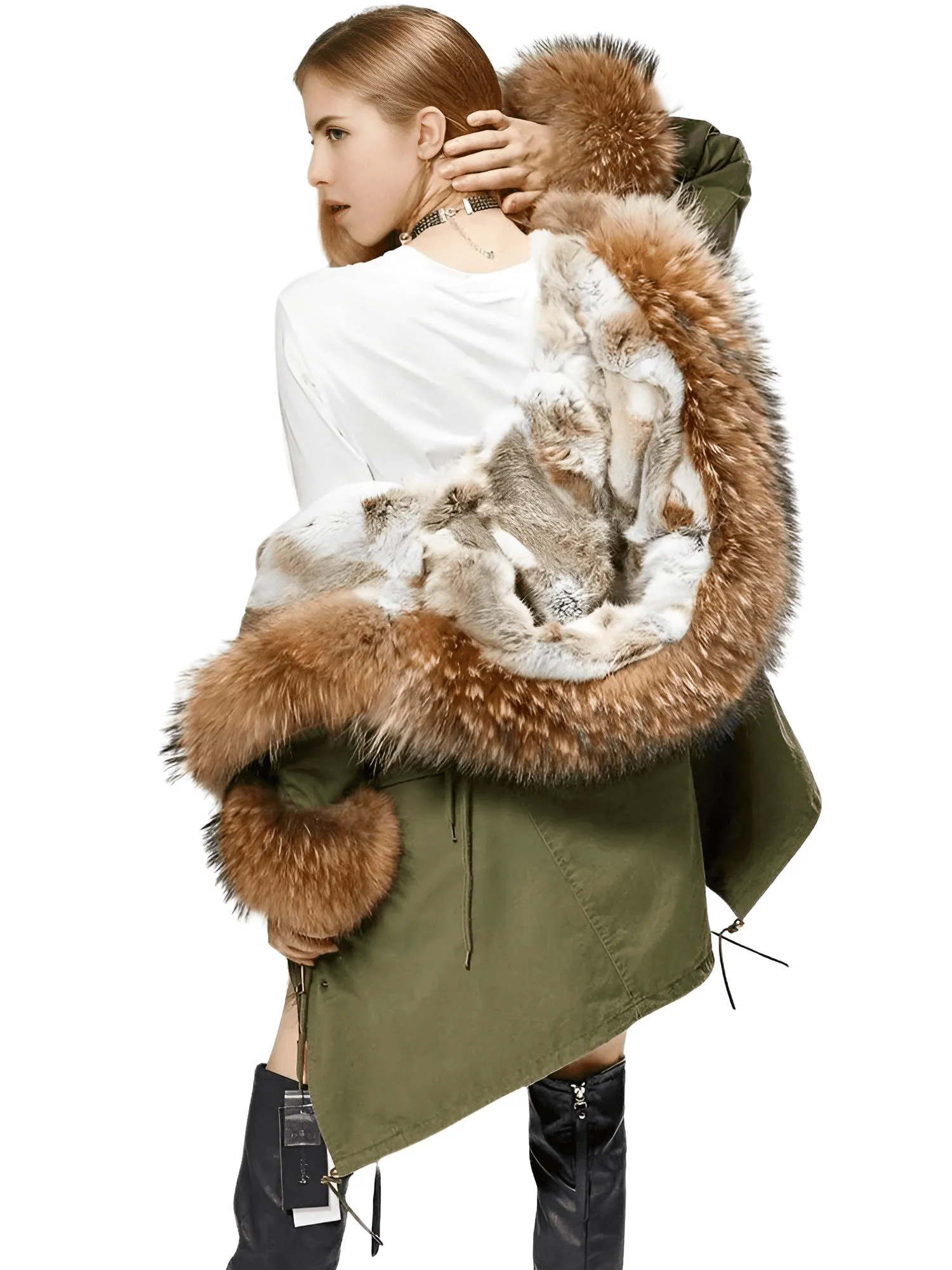 Women's Long Rabbit Fur Parka Real Fur Lining & Real Fox Fur Collar