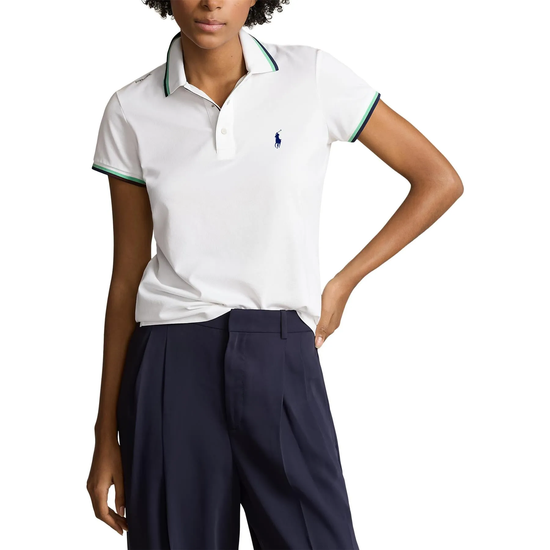 Womens Tailored Fit Pique Polo Shirt Ceramic White/ Refined Navy/Course Green - SS24