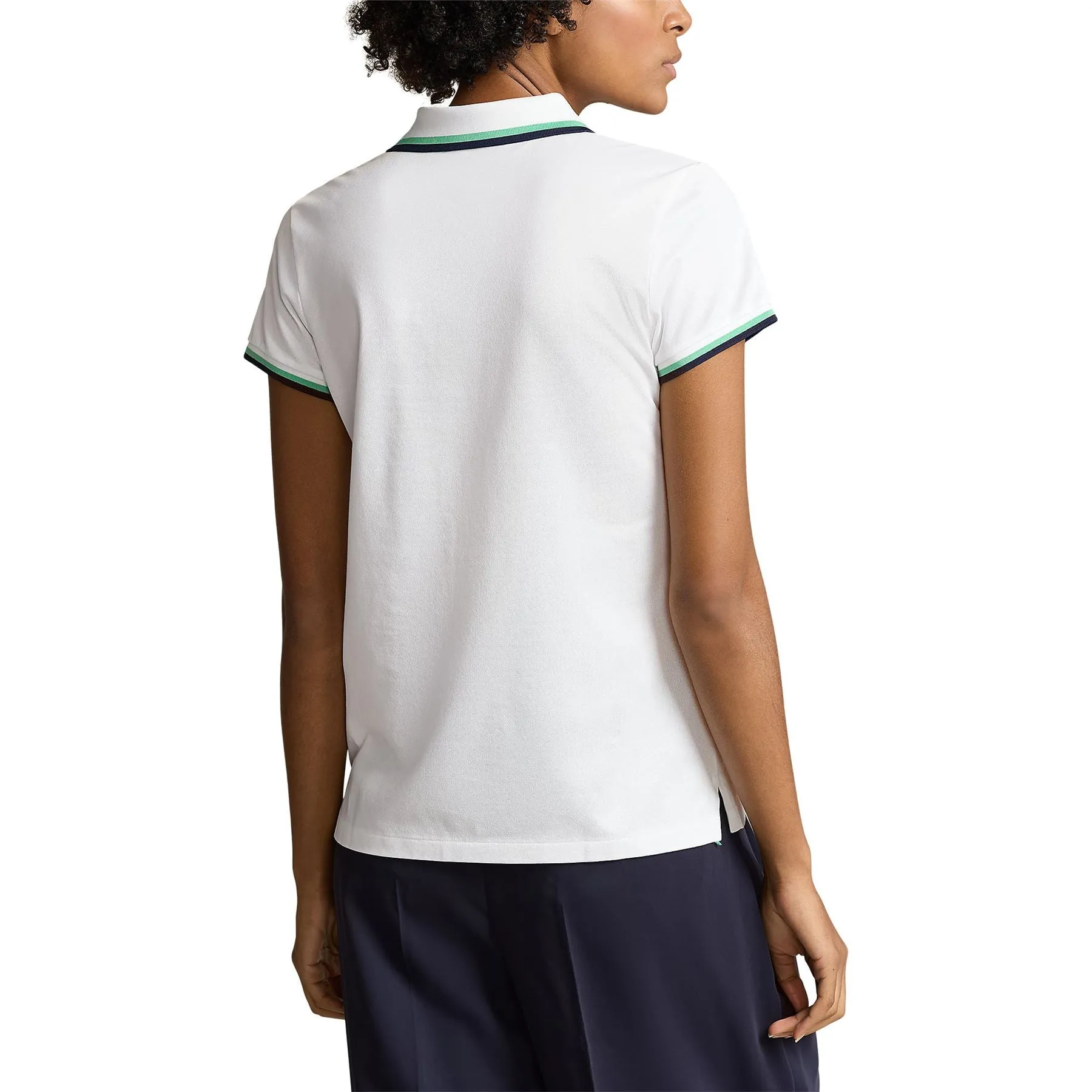 Womens Tailored Fit Pique Polo Shirt Ceramic White/ Refined Navy/Course Green - SS24