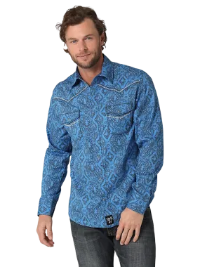 Wrangler Men's Rock 47 Long Sleeve Snap Blue Print Shirt