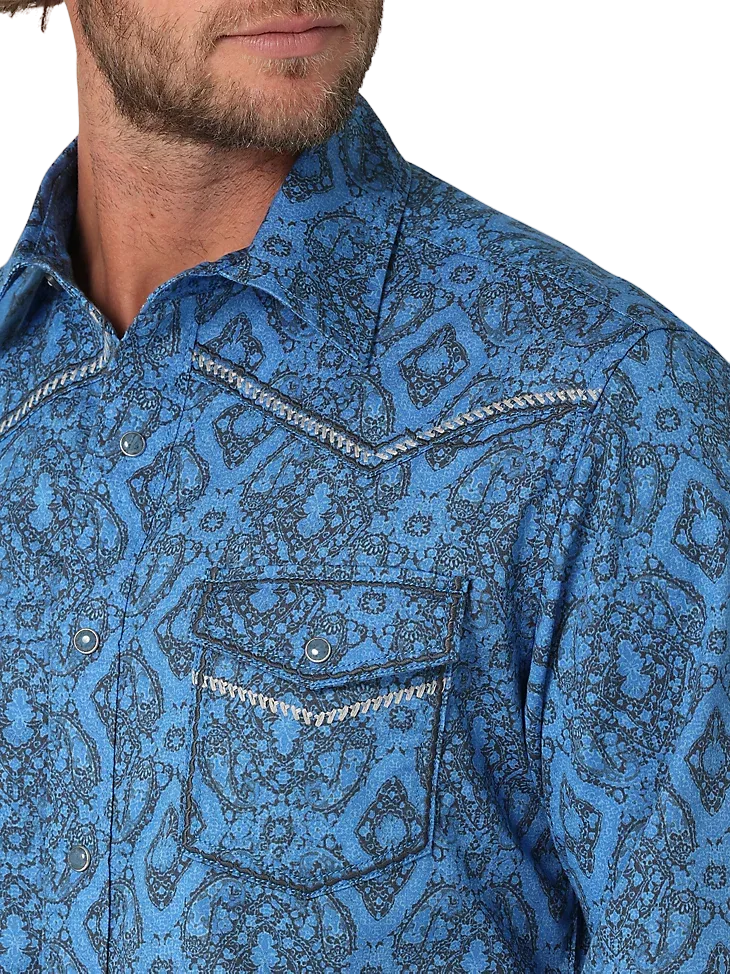 Wrangler Men's Rock 47 Long Sleeve Snap Blue Print Shirt