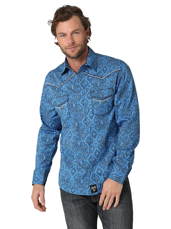 Wrangler Men's Rock 47 Long Sleeve Snap Blue Print Shirt