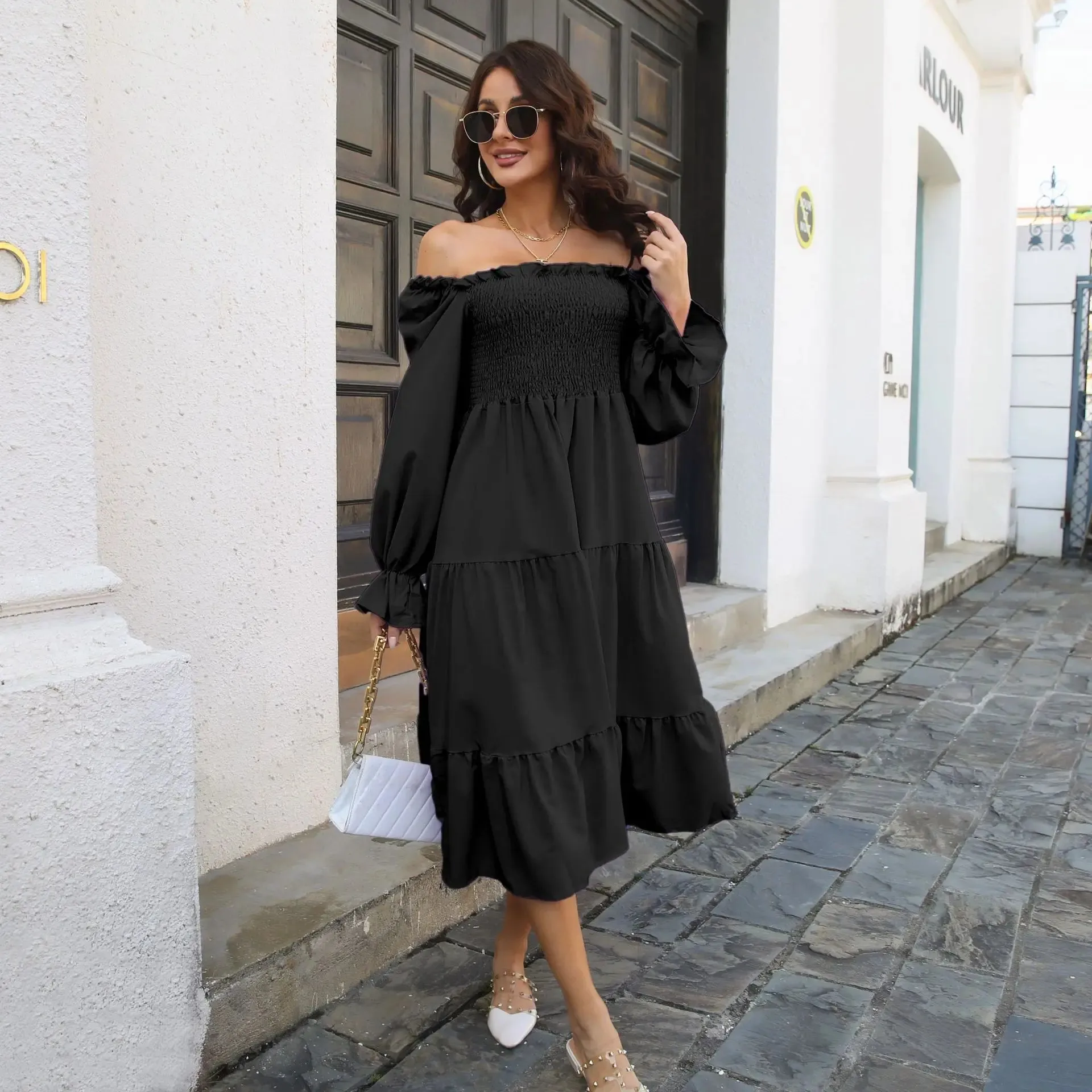 YEMOGGY Elegant Women's Cabled Fall Solid Ruffles Full Flare Sleeve Square Neck Layered Swing A-line Midi Dress