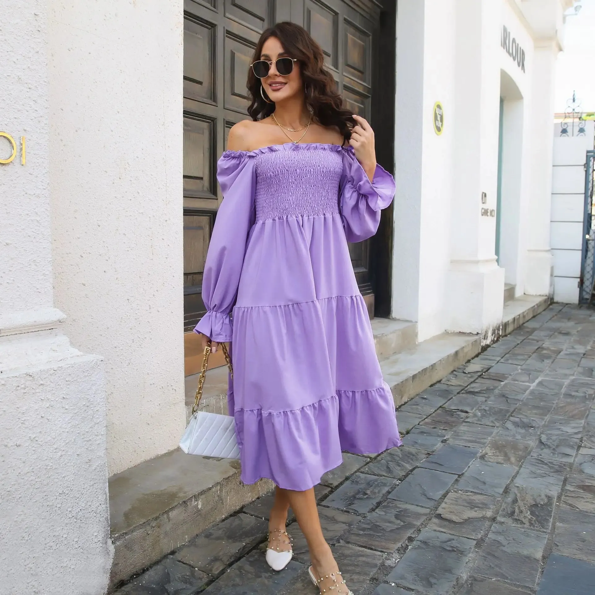 YEMOGGY Elegant Women's Cabled Fall Solid Ruffles Full Flare Sleeve Square Neck Layered Swing A-line Midi Dress